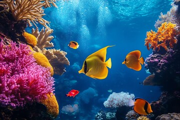 Vibrant underwater scene with colorful coral and tropical fish swimming in clear ocean waters : Generative AI