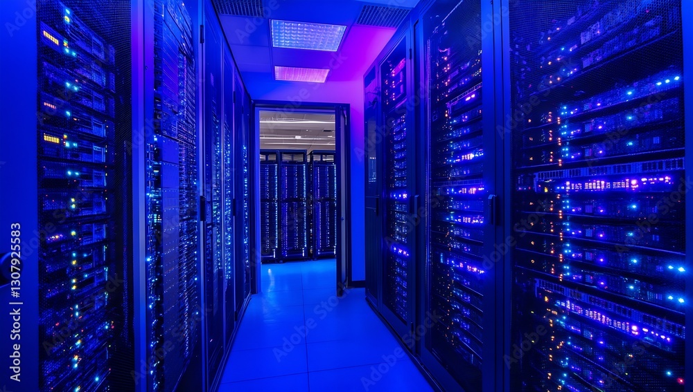 Aufkleber Illuminated server corridor showcasing advanced technology with rows of servers and blue lights : Generative AI
