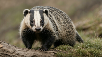 An European badger with black and white face markings, standing alert.