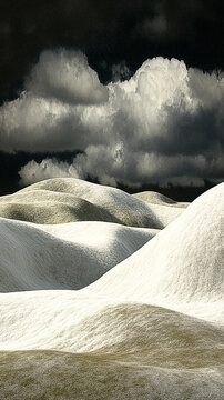 Serene landscape of rolling white hills under a dramatic dark sky with looming clouds