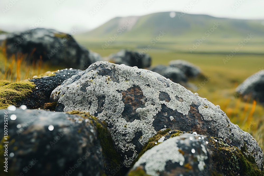 Poster close-up of weathered moss-covered rocks with a blurred mountainous landscape in the background : ge