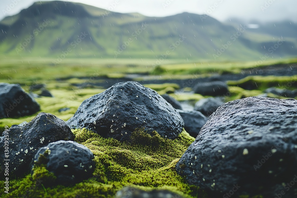 Poster scenic view of moss-covered rocks along a stream in an unspoiled natural environment : generative ai