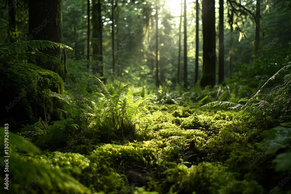 Leinwandbilder lush green forest floor covered with moss and ferns illuminated by soft sunlight filtering through t
