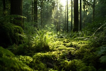 Lush green forest floor covered with moss and ferns illuminated by soft sunlight filtering through tall trees : Generative AI