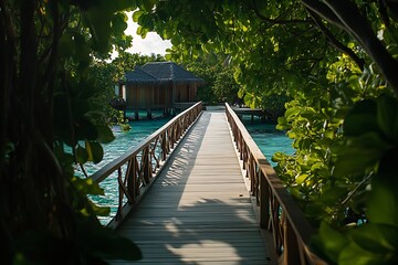 Obraz premium Charming wooden bridge connecting overwater bungalows through vibrant tropical greenery in tranquil waters : Generative AI
