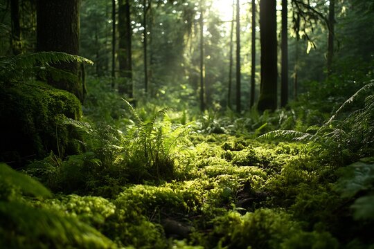 Lush green forest floor covered with moss and ferns illuminated by soft sunlight filtering through tall trees : Generative AI