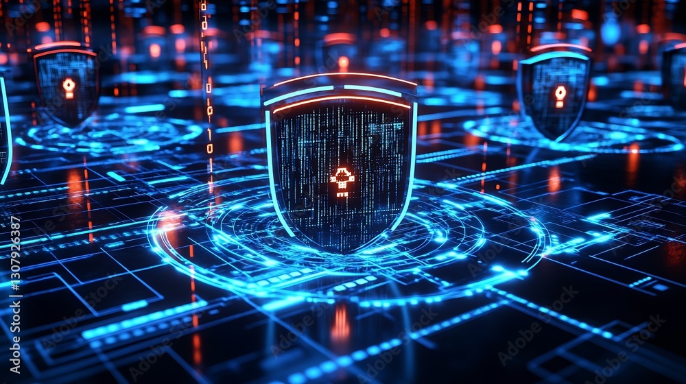 Poster Vibrant Digital Shields Floating in a High-Tech Environment Representing Cyber Defense and Security : Generative AI