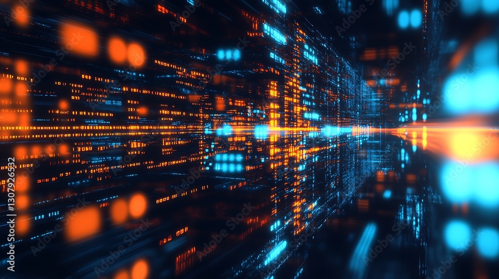 Poster Abstract data tunnel featuring bright blue and orange binary sequences and flowing lights in a three-dimensional space : Generative AI