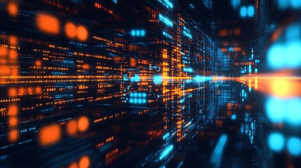 Abstract data tunnel featuring bright blue and orange binary sequences and flowing lights in a three-dimensional space : Generative AI