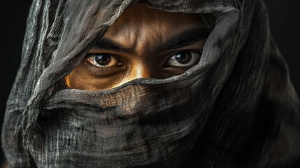 Intense Gaze of a Mysterious Figure Wrapped in Dark Fabric Veil