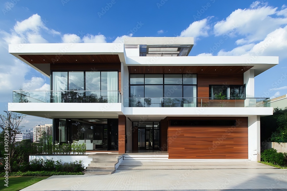 Poster Sophisticated modern home with clean lines and ample glass showcasing a picturesque view in daylight : Generative AI