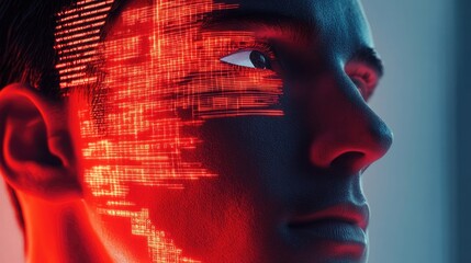 Digital portrait of human face with binary code overlay and futuristic style