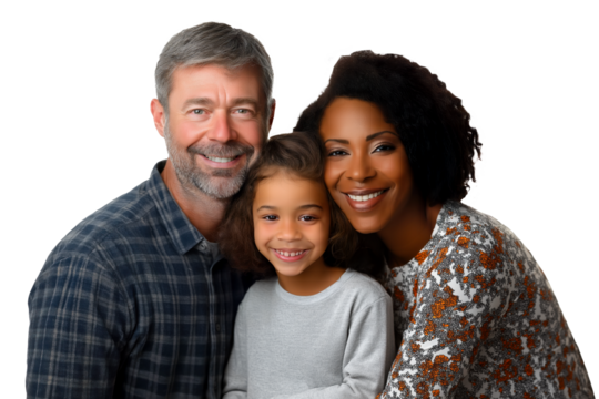 Portrait of happy inter-racial family with mother, father and daughter, isolated on white transparent background