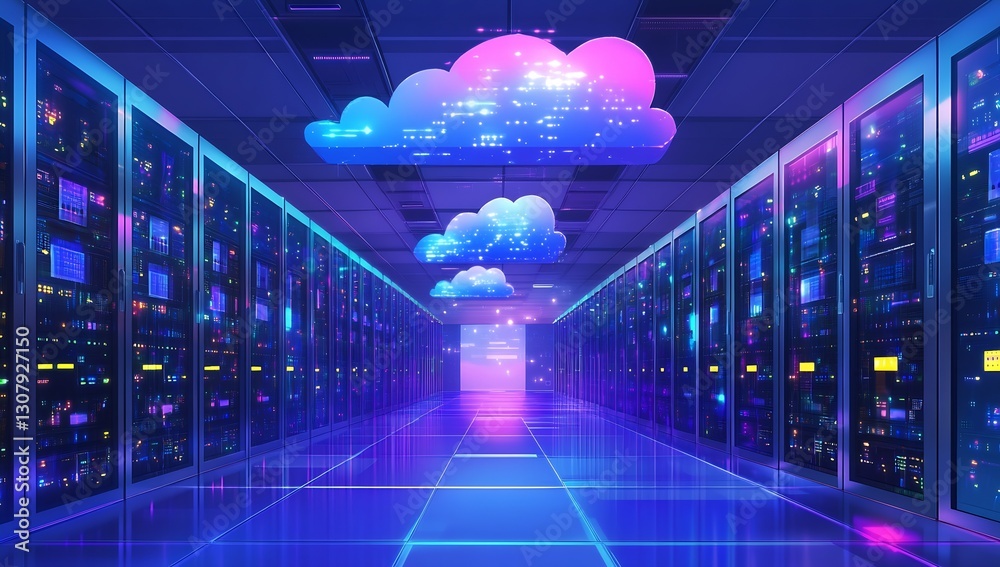 Poster Futuristic data center with glowing cloud shapes and vibrant server technology showcasing the future of digital data : Generative AI