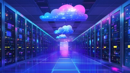 Futuristic data center with glowing cloud shapes and vibrant server technology showcasing the future of digital data : Generative AI