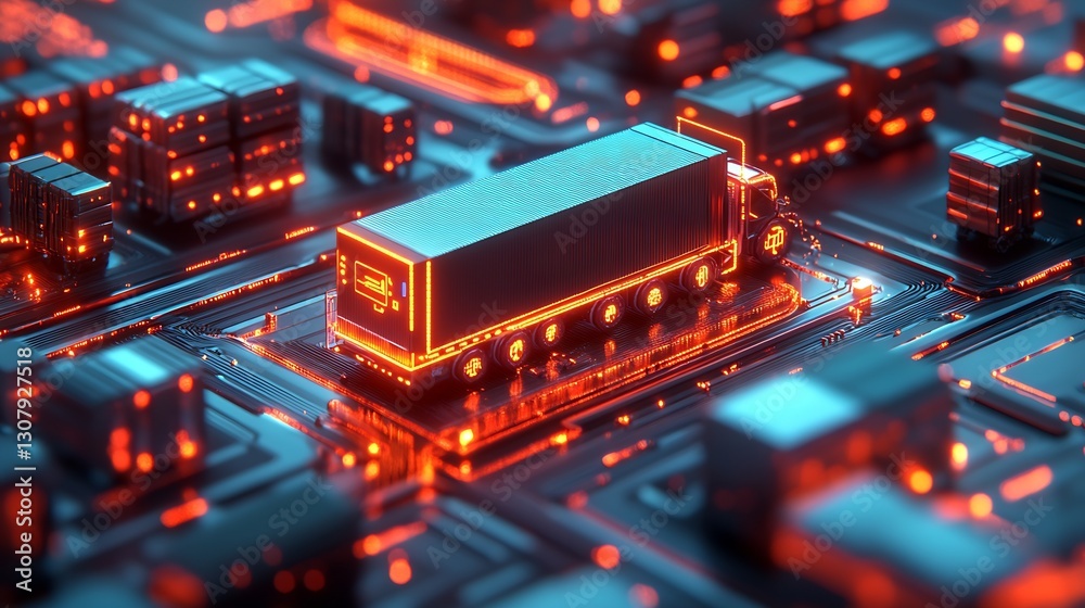 Aufkleber advanced depiction of a busy electronic circuit with neon-lit trucks and bright colors : generative 