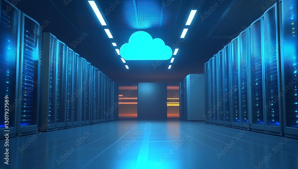 Leinwandbilder Advanced data center featuring spacious server racks with illuminated cloud technology icons : Generative AI
