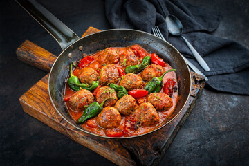 Traditional slow cooked American Tex Mex meatballs with mincemeat, paprika and tomatoes served in a spicy sauce as close-up in a rustic skillet