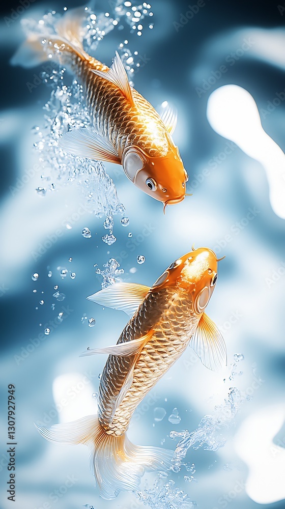 Poster Close-up shot of two goldfish leaping from sparkling blue water in a vibrant aquatic display : Generative AI