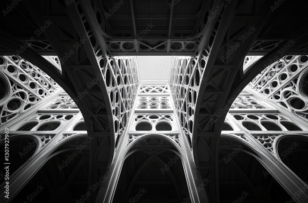 Poster Intricate Architectural Design of Overhead Arches with Light Streaming Through Open Sky in a Modern Structural Framework