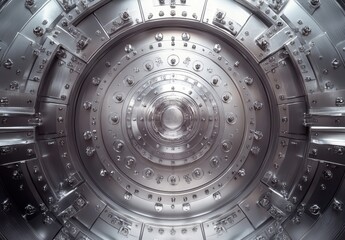 Obraz premium Intricate Close-Up of a Metallic Vault Door with Circular Design, High Security Features, and Reflective Surfaces in Industrial Setting