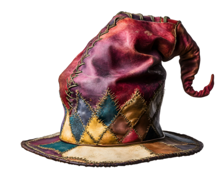 Old colorful jester hat with worn leather texture, medieval harlequin cap, vintage patchwork headwear, antique joker costume accessory, and festive design isolated on transparent background
