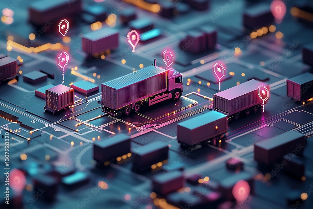 Poster Advanced logistics transport system showcasing trucks with digital markers on a grid : Generative AI