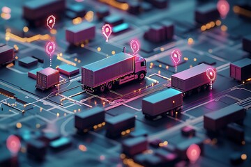 Advanced logistics transport system showcasing trucks with digital markers on a grid : Generative AI