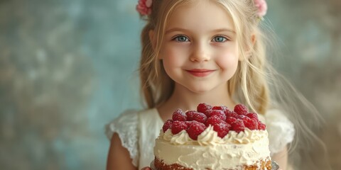 Young girl smiles joyfully while holding a decorated cake with fresh raspberries at a celebration