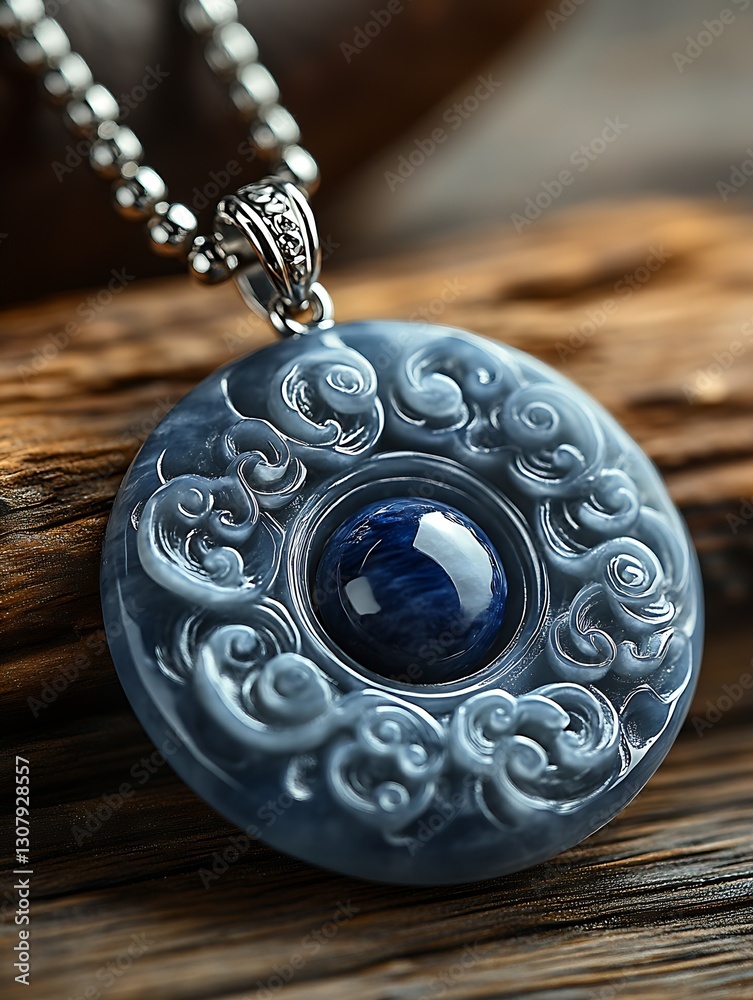Poster artistic close-up of a blue jade pendant showcasing detailed swirling patterns and a centerpiece gem