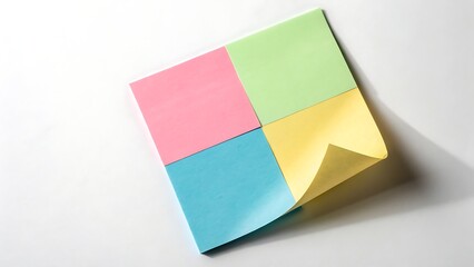  neatly arranged set of colorful sticky notes in pink, blue, green, and yellow, placed on a clean white surface.
