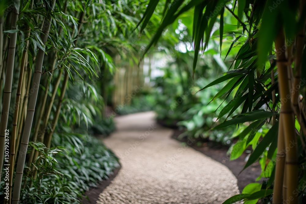 Poster serene pathway surrounded by lush green bamboo in a tranquil garden setting : generative ai