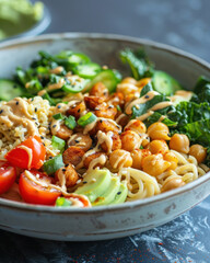 A bowl of vegan protein pasta made with chickpea noodles and a creamy cashew alfredo sauce