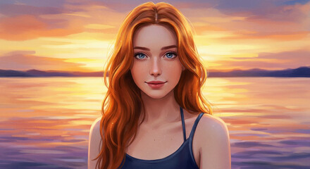 Fototapeta premium Woman walking alone on beach. An illustration featuring a beach scene at sunset. Illustration for a travel poster.