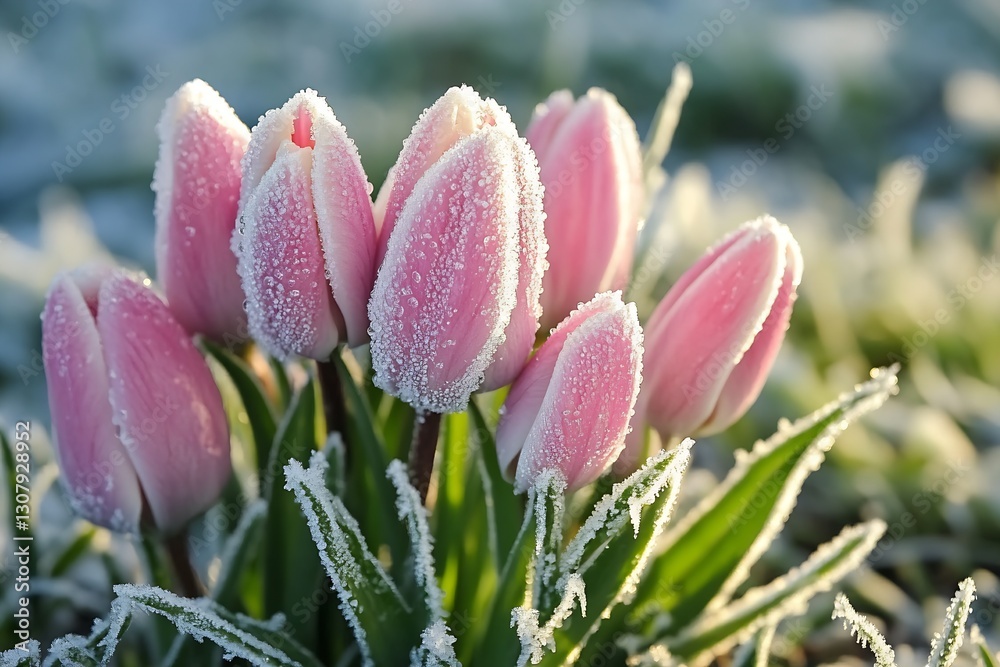 Aufkleber charming display of tulips adorned with frost in captivating early morning sunlight : generative ai
