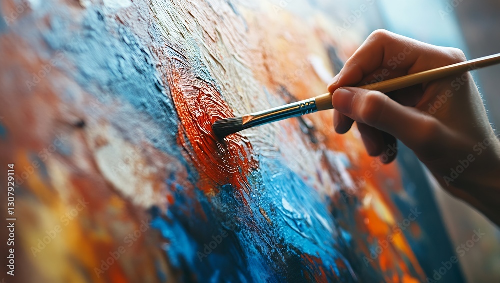 Poster Close-up view of an artist's hand with a brush applying vibrant colors on a textured canvas for artistic creation : Generative AI