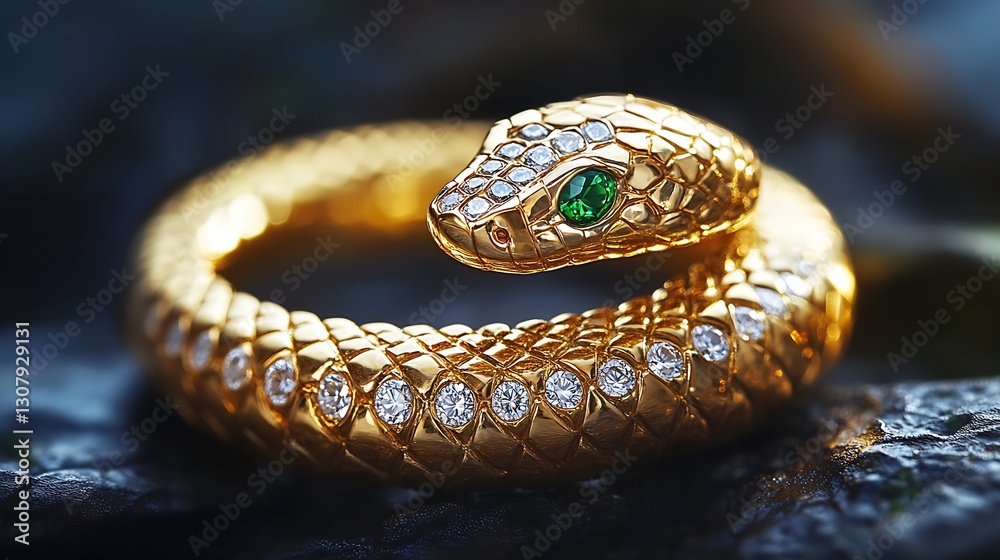 Poster elegant golden snake ring with glittering stones showcasing intricate design and gemstone detail : g