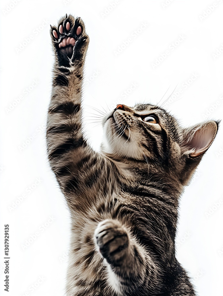 Poster Charming Tabby Cat Joyfully Reaching with Its Paw in an Inviting Indoor Setting : Generative AI