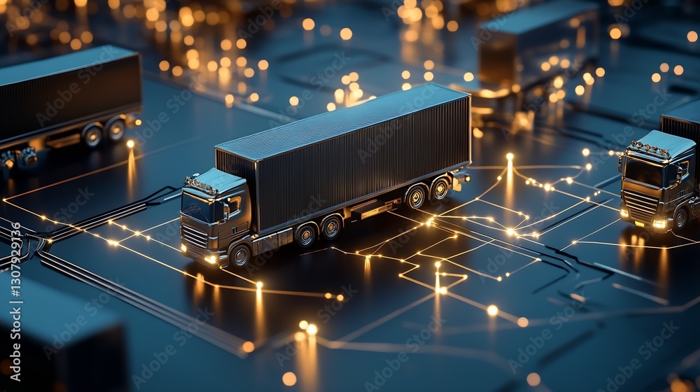 Poster Dynamic 3D visualization of modern trucks moving across illuminated circuitry in futuristic landscape : Generative AI