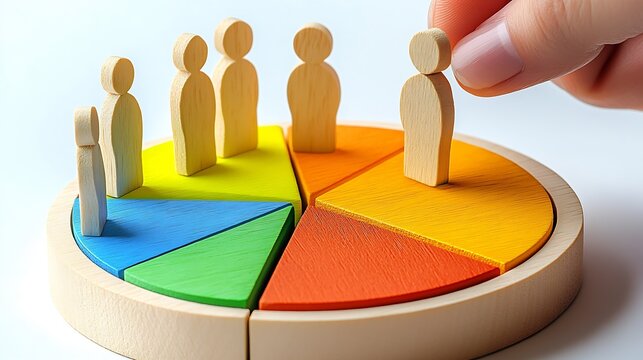 Strategic Team Engagement with Wooden Figures on a Vibrant Color Wheel Base : Generative AI