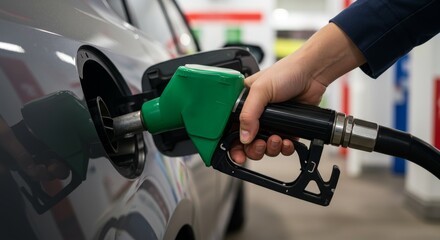Close up hand of A male holding a fuel nozzle against with gas station blurred background.

