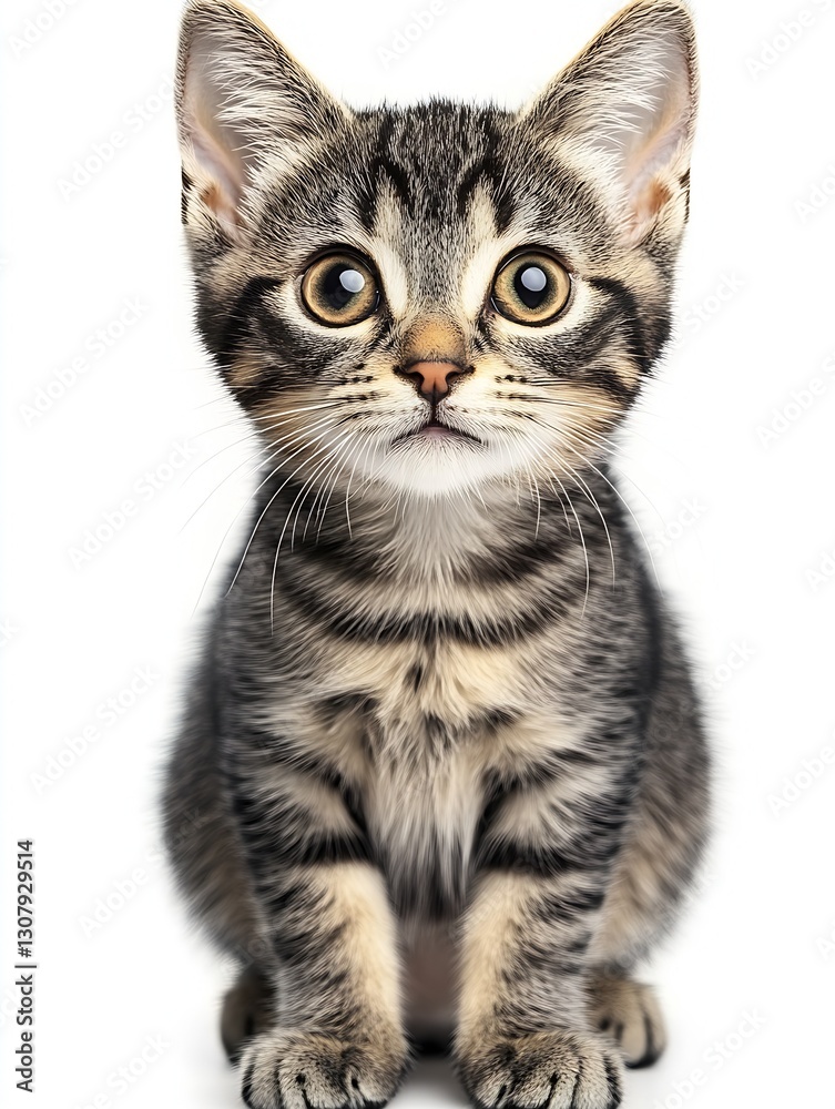 Poster adorable striped kitten with large round eyes and curious expression sitting against a white backgro