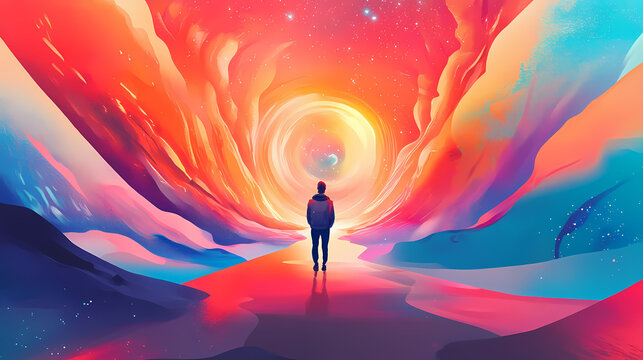Digital nomad's journey, a vibrant illustration of a traveler immersed in a boundless digital landscape, exploring infinite possibilities. Infinite - Universe. Illustration