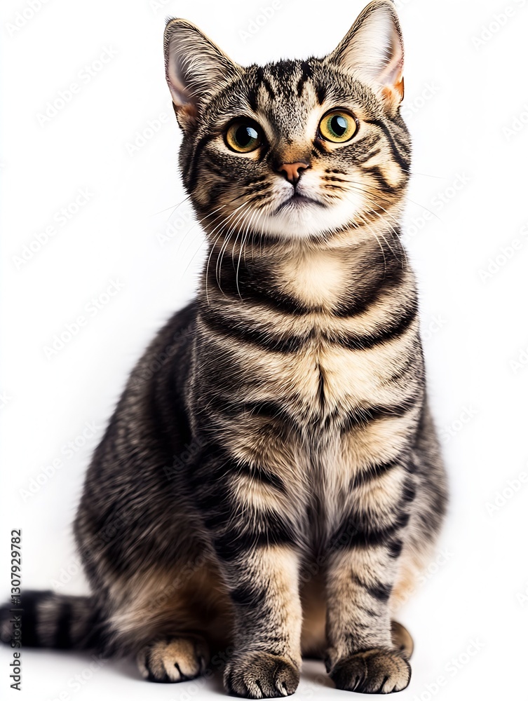 Poster striking tabby cat with vivid green eyes posing gracefully for a portrait in a minimalistic space : 