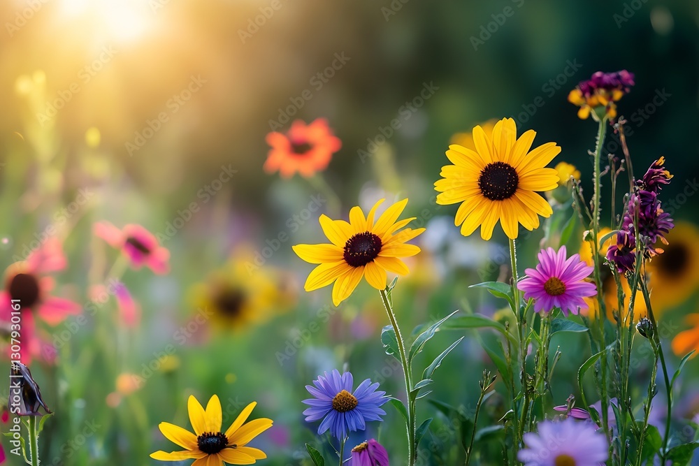 Poster Beautiful Array of Vibrant Flowers Swaying in the Breeze Under the Warm Sunset Glow : Generative AI