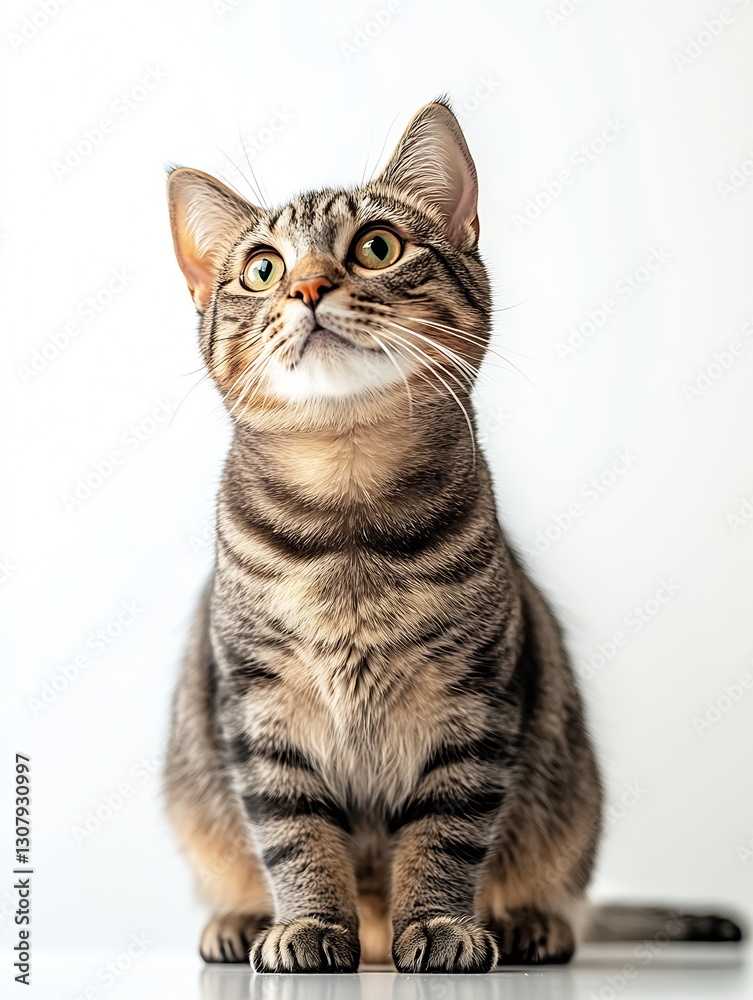 Poster charming tabby cat with bright green eyes looking up in an elegant pose : generative ai