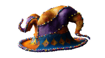 Colorful Jester Hat Festive Costume Accessory, Unique Beaded Design for Themed Events, isolated on transparent background.