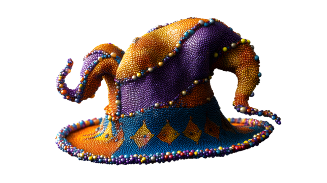 Colorful Jester Hat Festive Costume Accessory, Unique Beaded Design for Themed Events, isolated on transparent background.