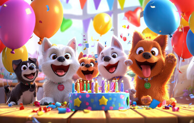 Fototapeta premium Happy puppies celebrating at colorful birthday party with balloons and cake