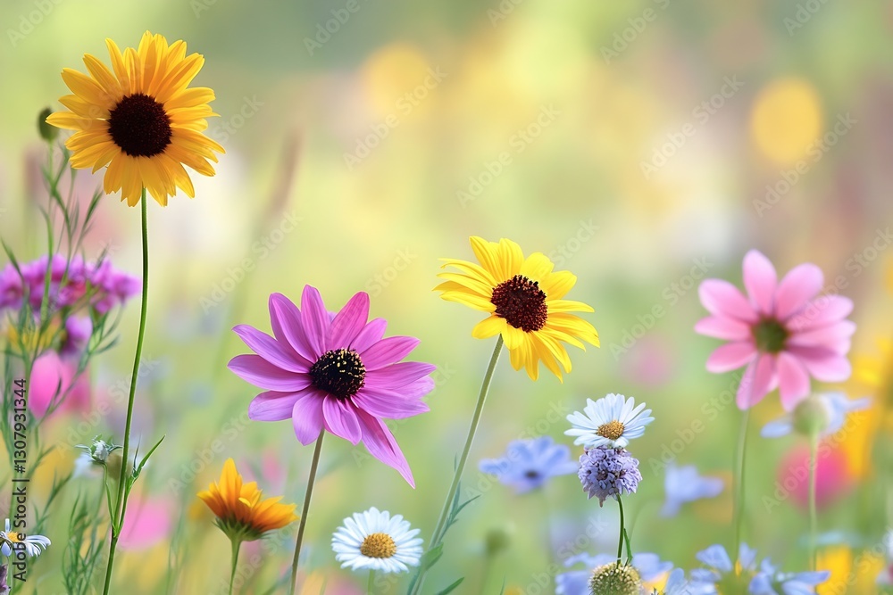 Poster vibrant colorful flowers blooming in a sunlit field with soft background : generative ai